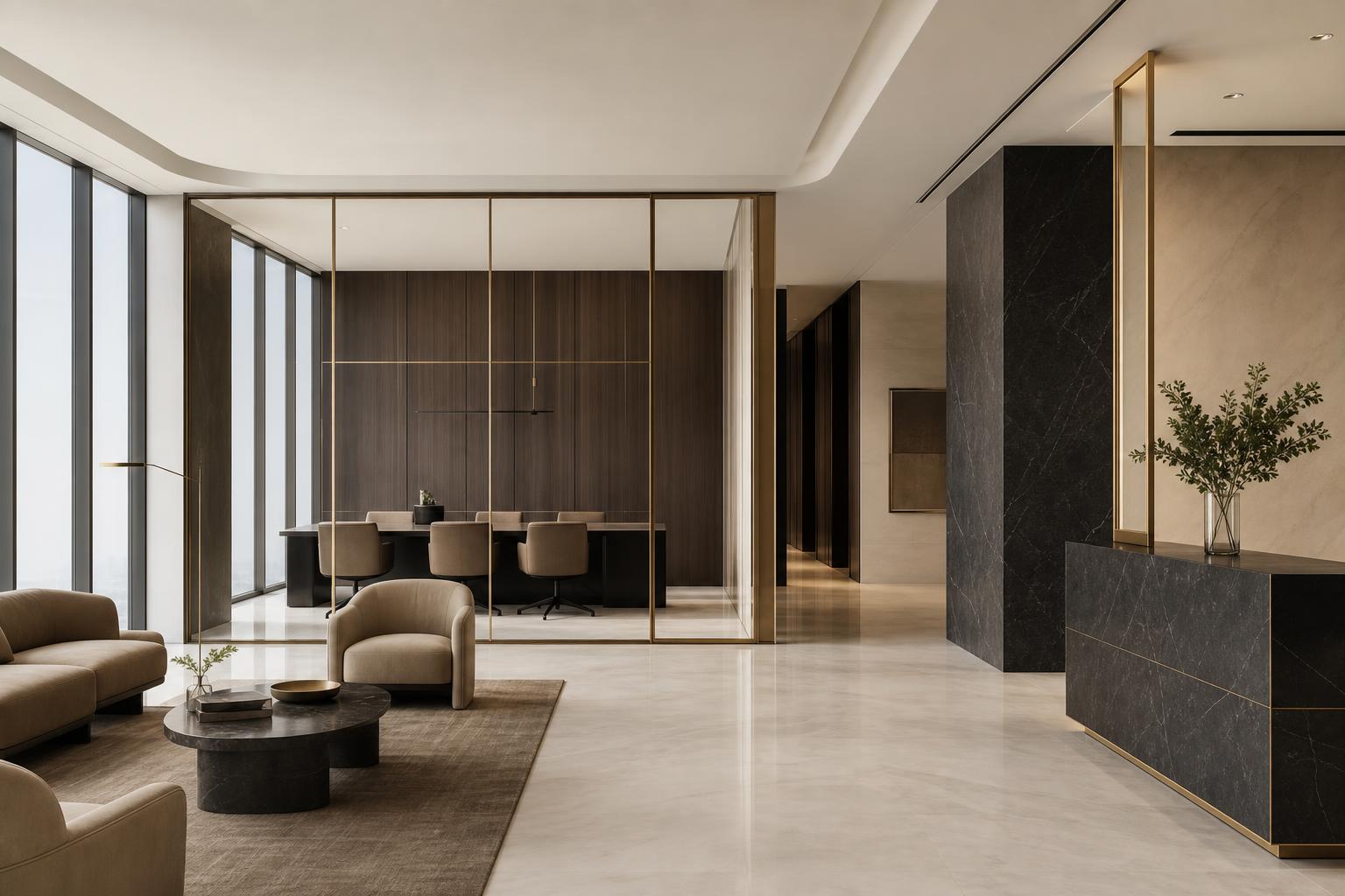 Modern minimalist luxury business interior with marble and brass details